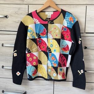 Susan Bristol Petite Embroidered Cardigan Sweater Zip Front Knit patchwork sz PL
